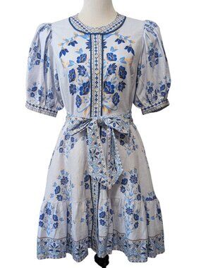 A Loves A Womens Size M? White Blue Floral Puff Sleeves Self Tie Belt Mini Dress